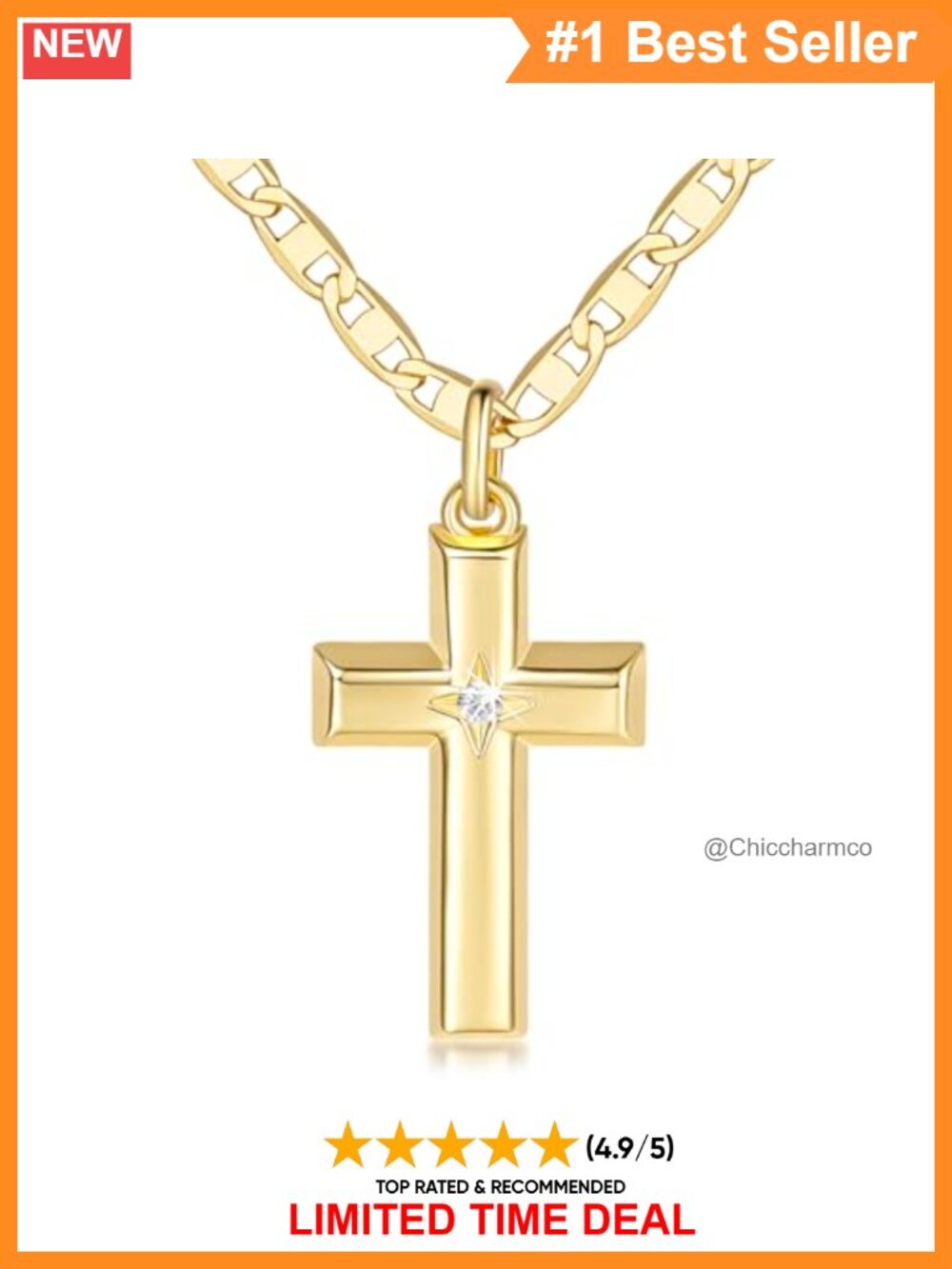 14k Gold Plated Cross Necklace CZ Pendant 48cm Mariner Chain